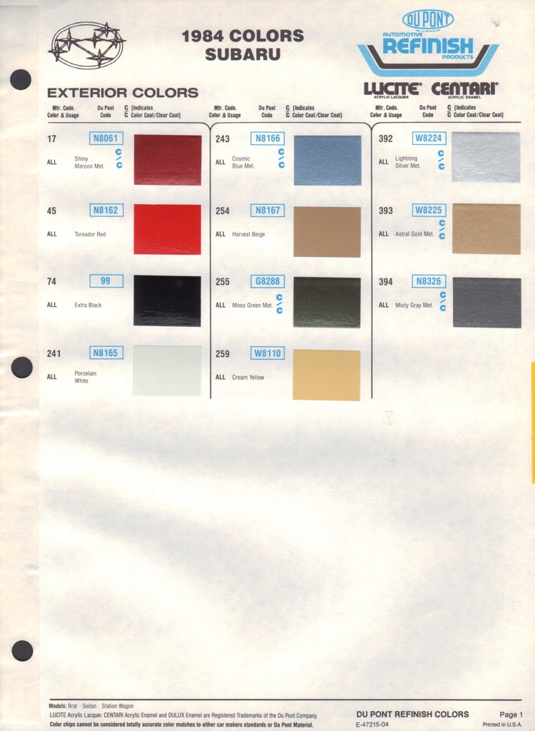 1984 Subaru Paint Charts DuPont 1